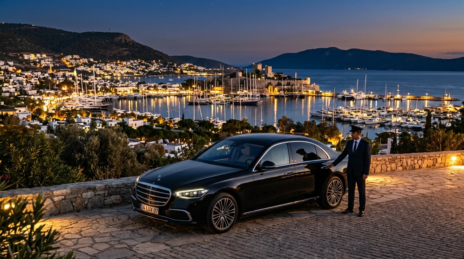 Black luxury chauffeur car overlooking the Bodrum skyline and marina at dusk